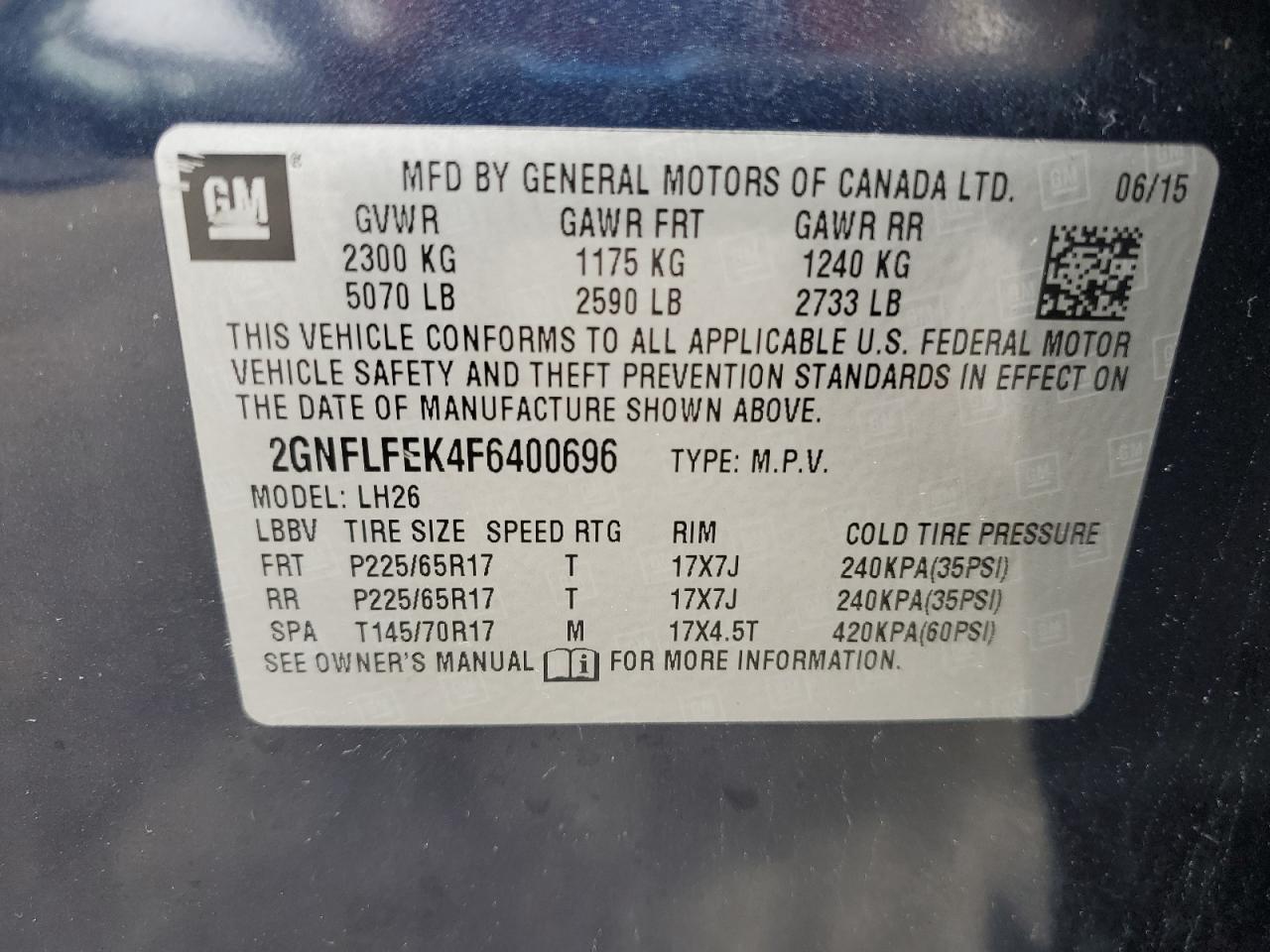 2015 Chevrolet Equinox Lt VIN: 2GNFLFEK4F6400696 Lot: 63000165