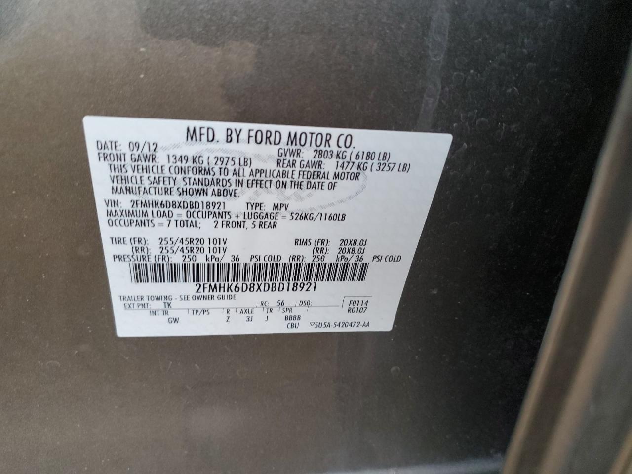 2013 Ford Flex Limited VIN: 2FMHK6D8XDBD18921 Lot: 62857755