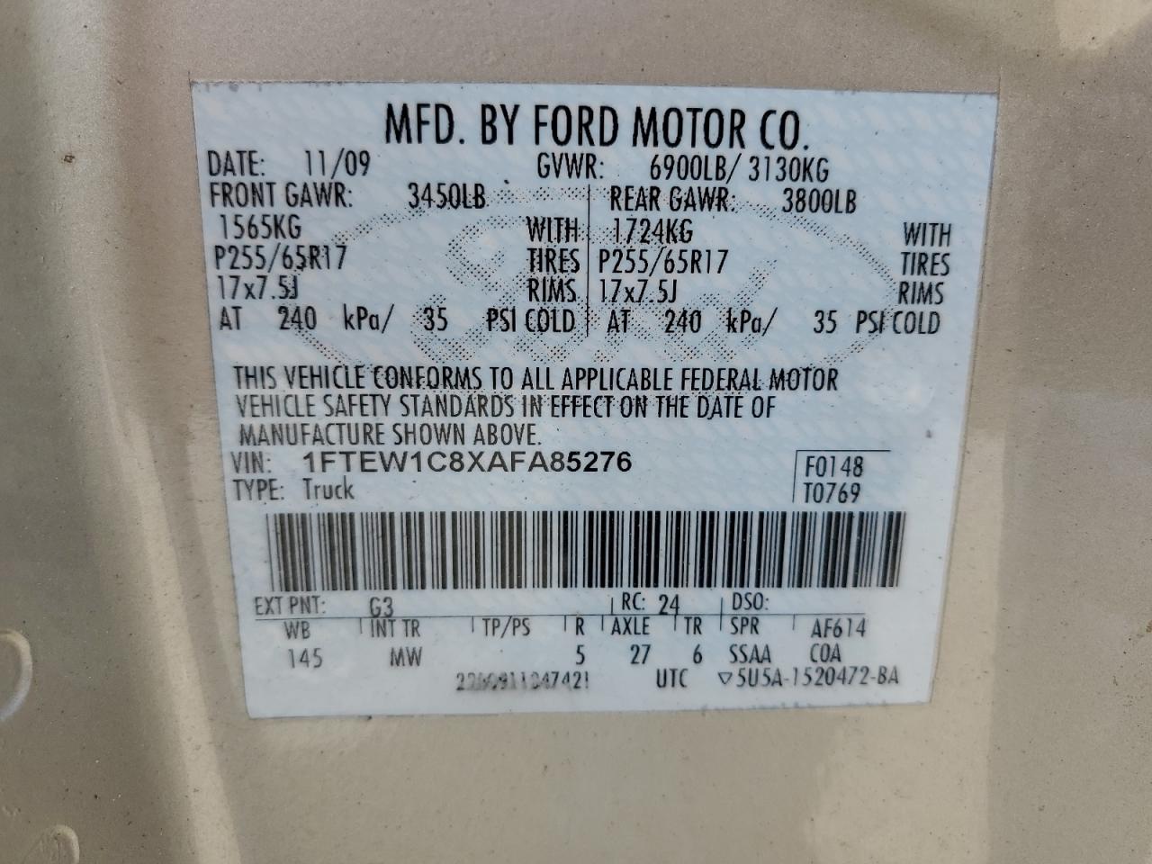 FORD F-150 2010 VIN 1FTEW1C8XAFA85276 фото 12