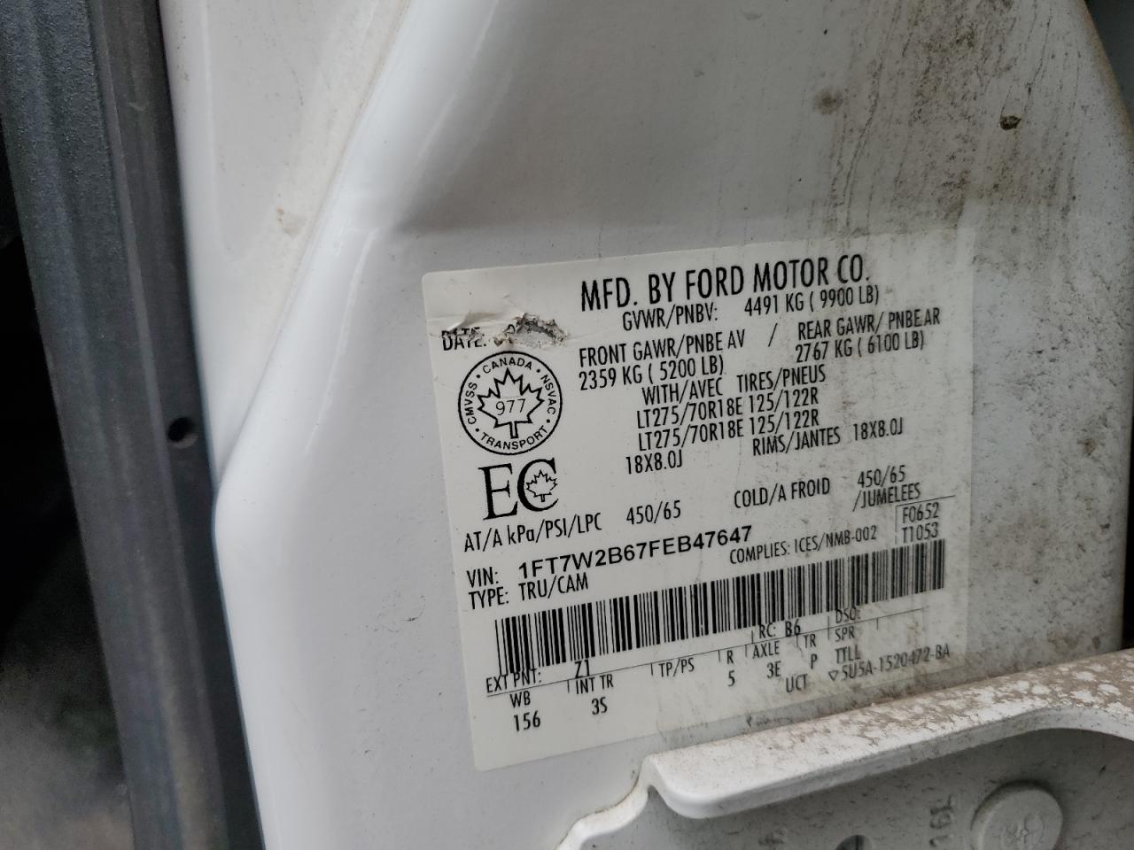 2015 Ford F250 Super Duty VIN: 1FT7W2B67FEB47647 Lot: 62994985