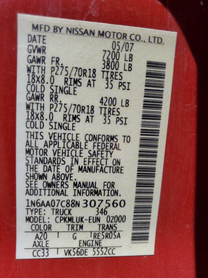 2008 Nissan Titan Xe VIN: 1N6AA07C88N307560 Lot: 62134015