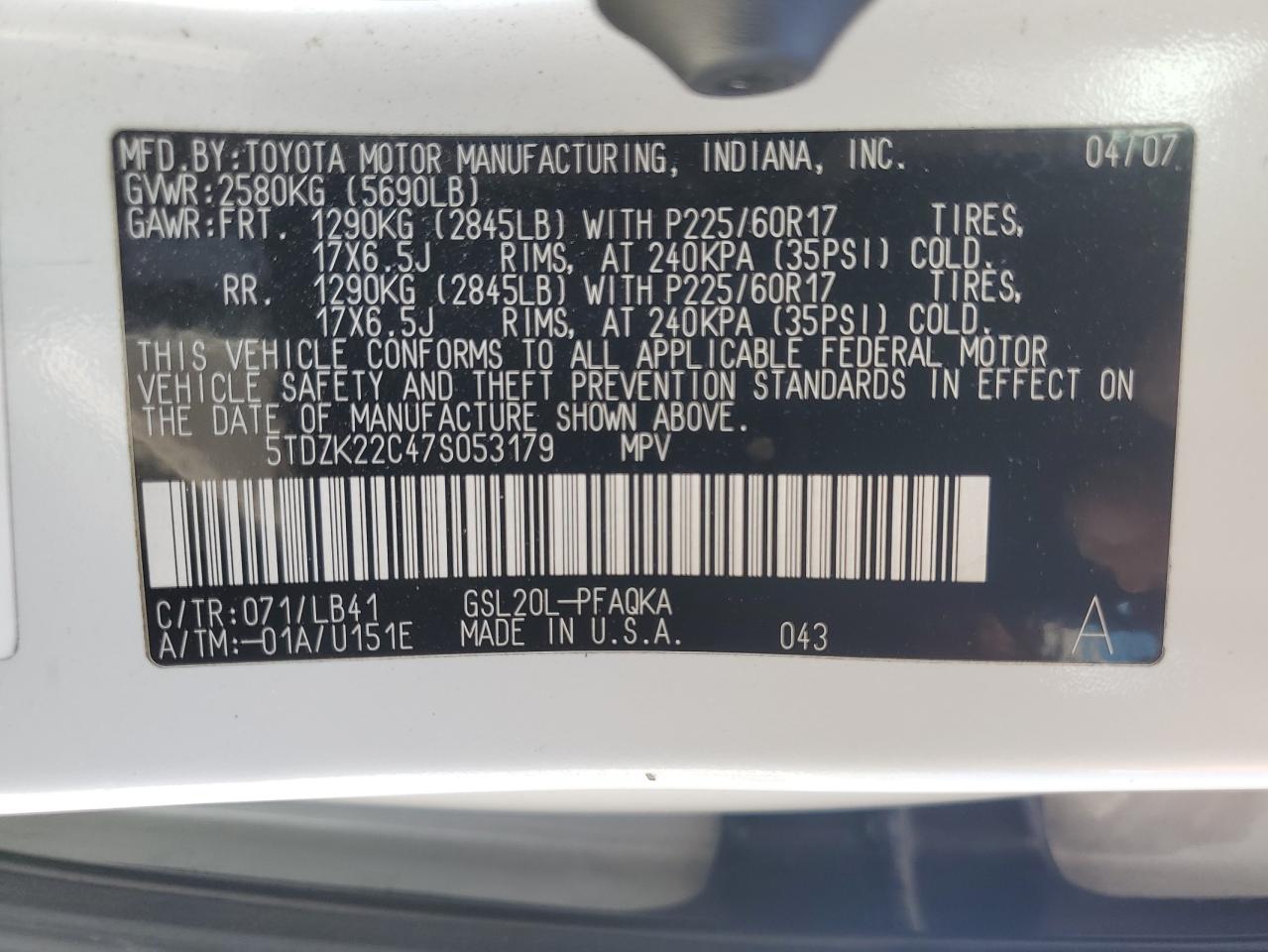 2007 Toyota Sienna Xle VIN: 5TDZK22C47S053179 Lot: 62744465
