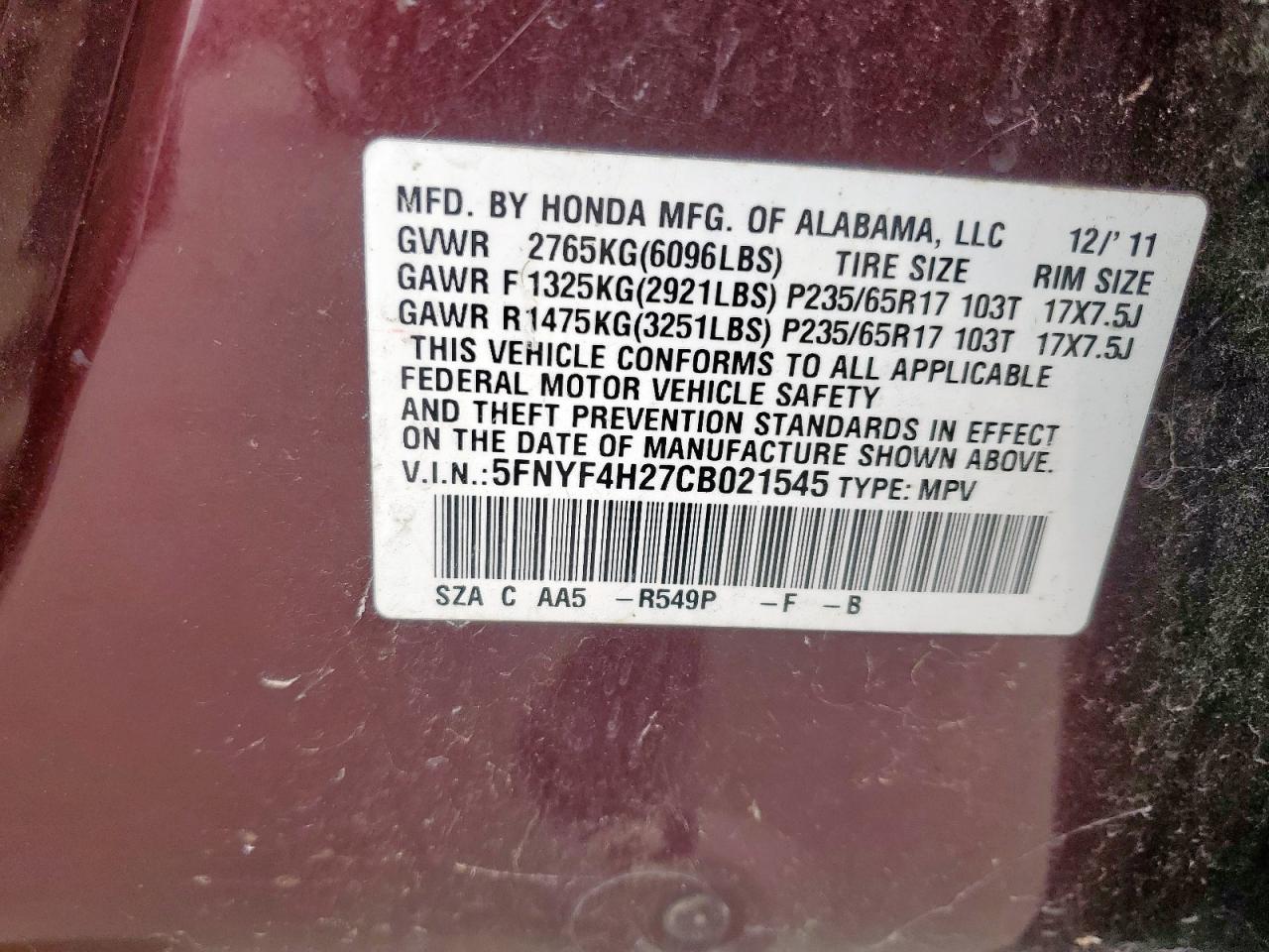 2012 Honda Pilot Lx VIN: 5FNYF4H27CB021545 Lot: 60643425