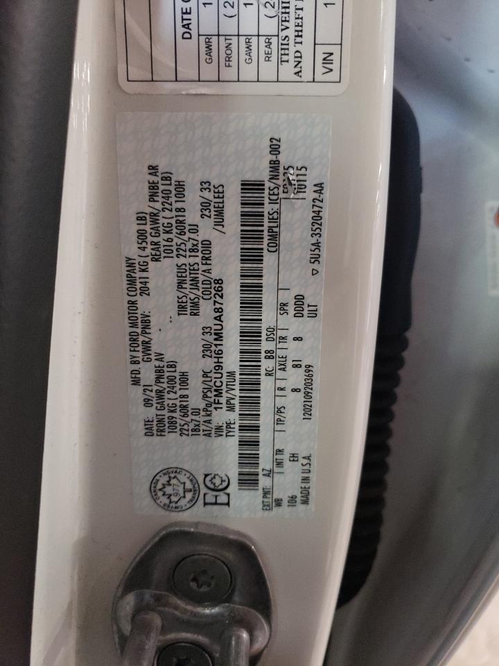2021 Ford Escape Sel VIN: 1FMCU9H61MUA87268 Lot: 60645795