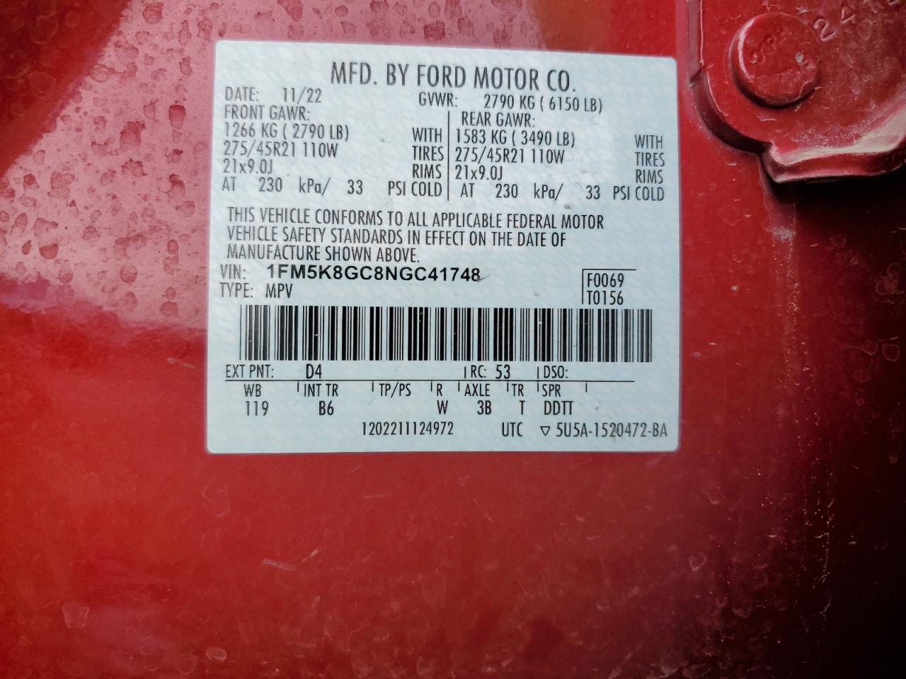 2022 Ford Explorer St VIN: 1FM5K8GC8NGC41748 Lot: 61807355