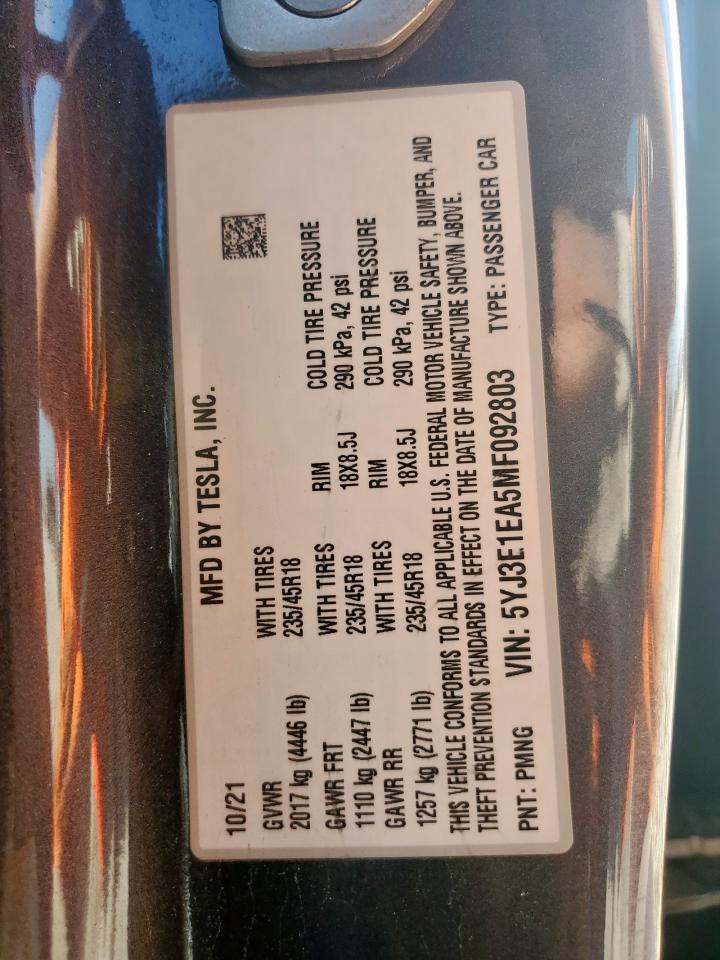 TESLA MODEL 3 2021 VIN 5YJ3E1EA5MF092803 фото 12