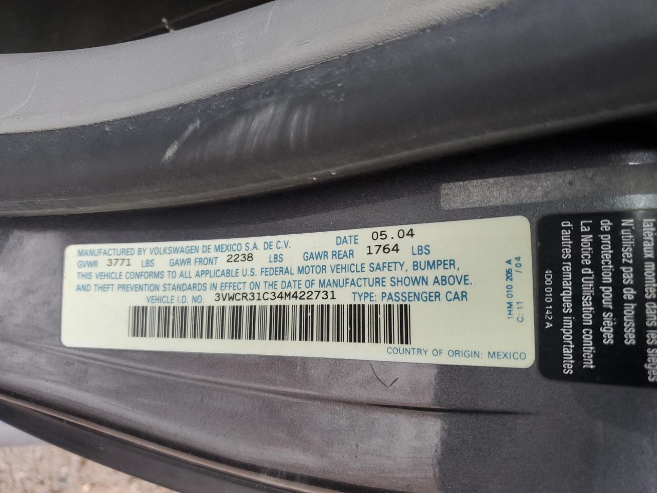 2004 Volkswagen New Beetle Gls Tdi VIN: 3VWCR31C34M422731 Lot: 58946635