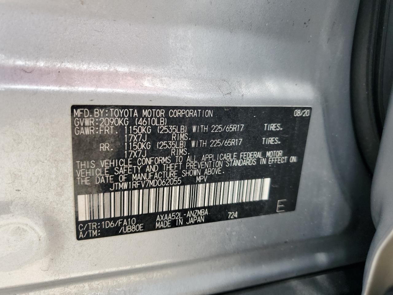 2021 Toyota Rav4 Xle VIN: JTMW1RFV7MD062055 Lot: 62943995