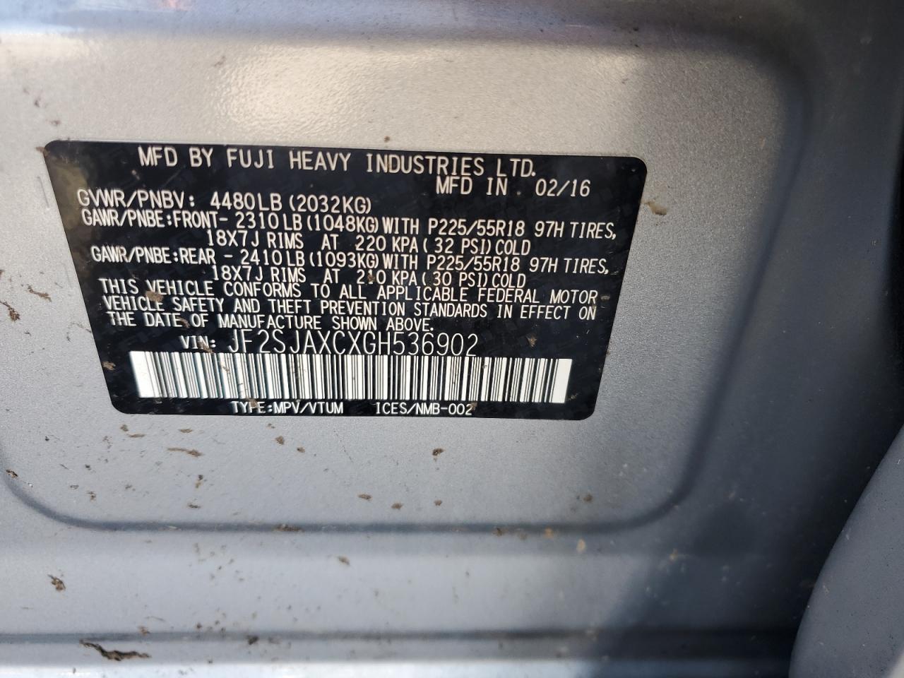 2016 Subaru Forester 2.5I Touring VIN: JF2SJAXCXGH536902 Lot: 61580185