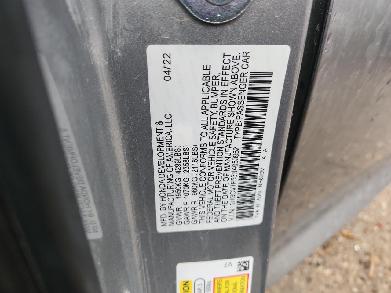 2022 Honda Accord Exl VIN: 1HGCV1F53NA050952 Lot: 62466875