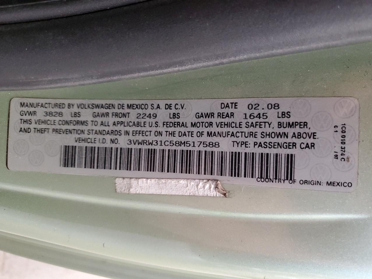 2008 Volkswagen New Beetle S VIN: 3VWRW31C58M517588 Lot: 59176955