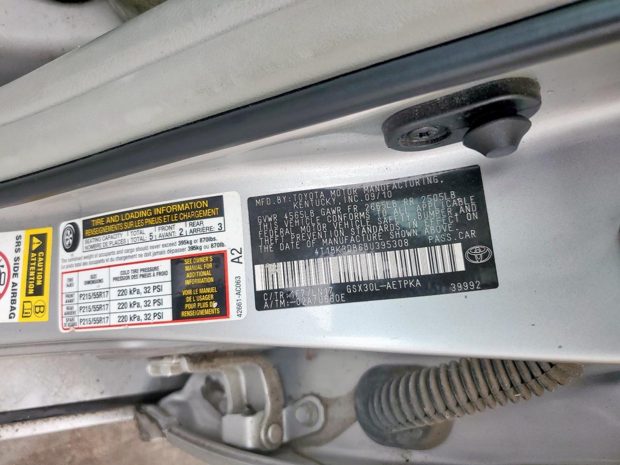 2011 Toyota Avalon Base VIN: 4T1BK3DB6BU395308 Lot: 60526755