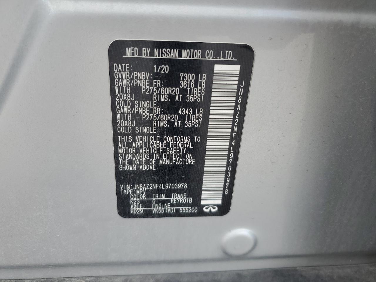 2020 Infiniti Qx80 Luxe VIN: JN8AZ2NF4L9703978 Lot: 60823835