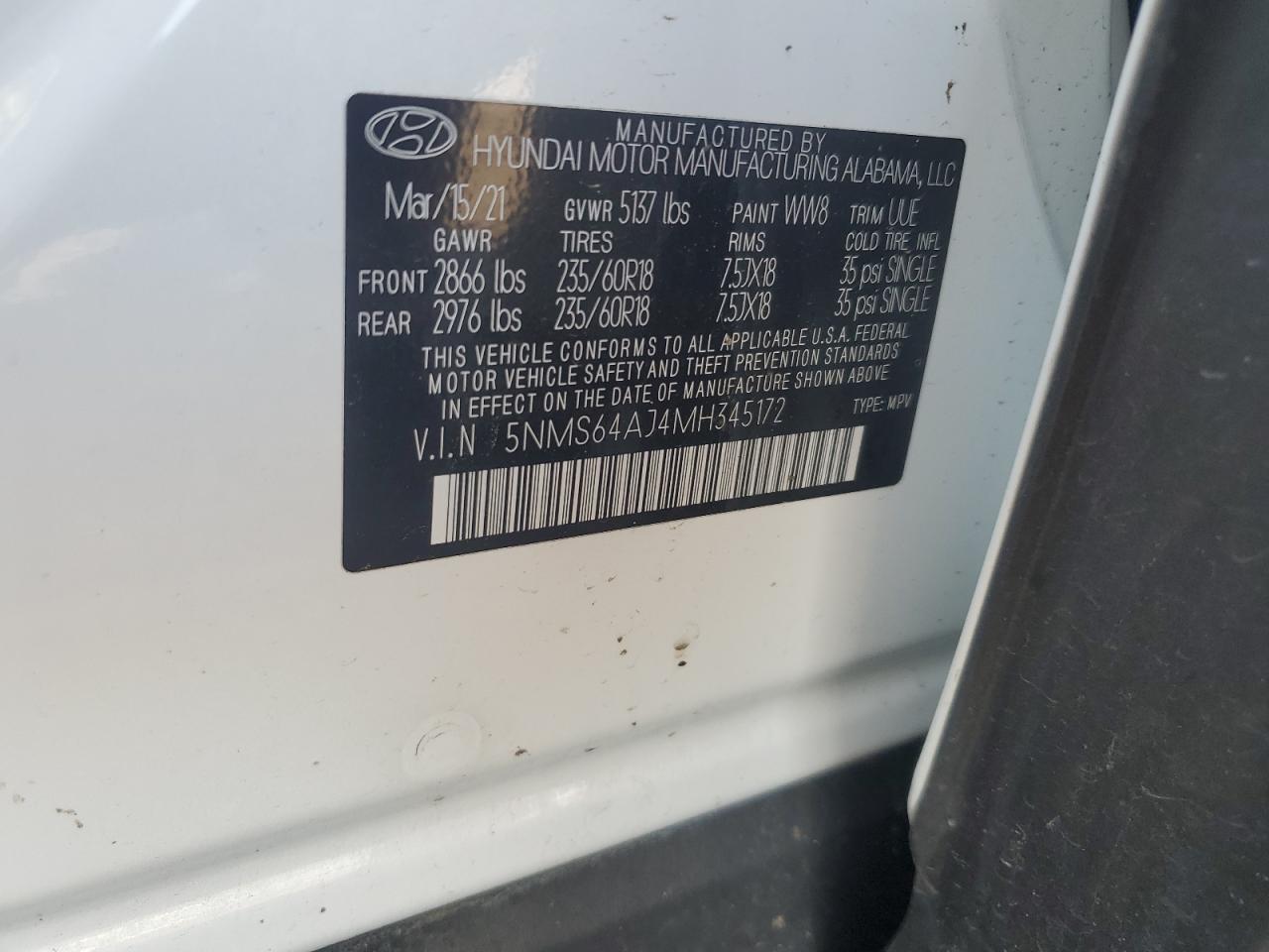 2021 Hyundai Santa Fe Sel VIN: 5NMS64AJ4MH345172 Lot: 61585675