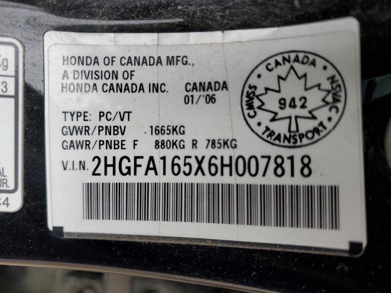 2006 Honda Civic Lx VIN: 2HGFA165X6H007818 Lot: 62417995