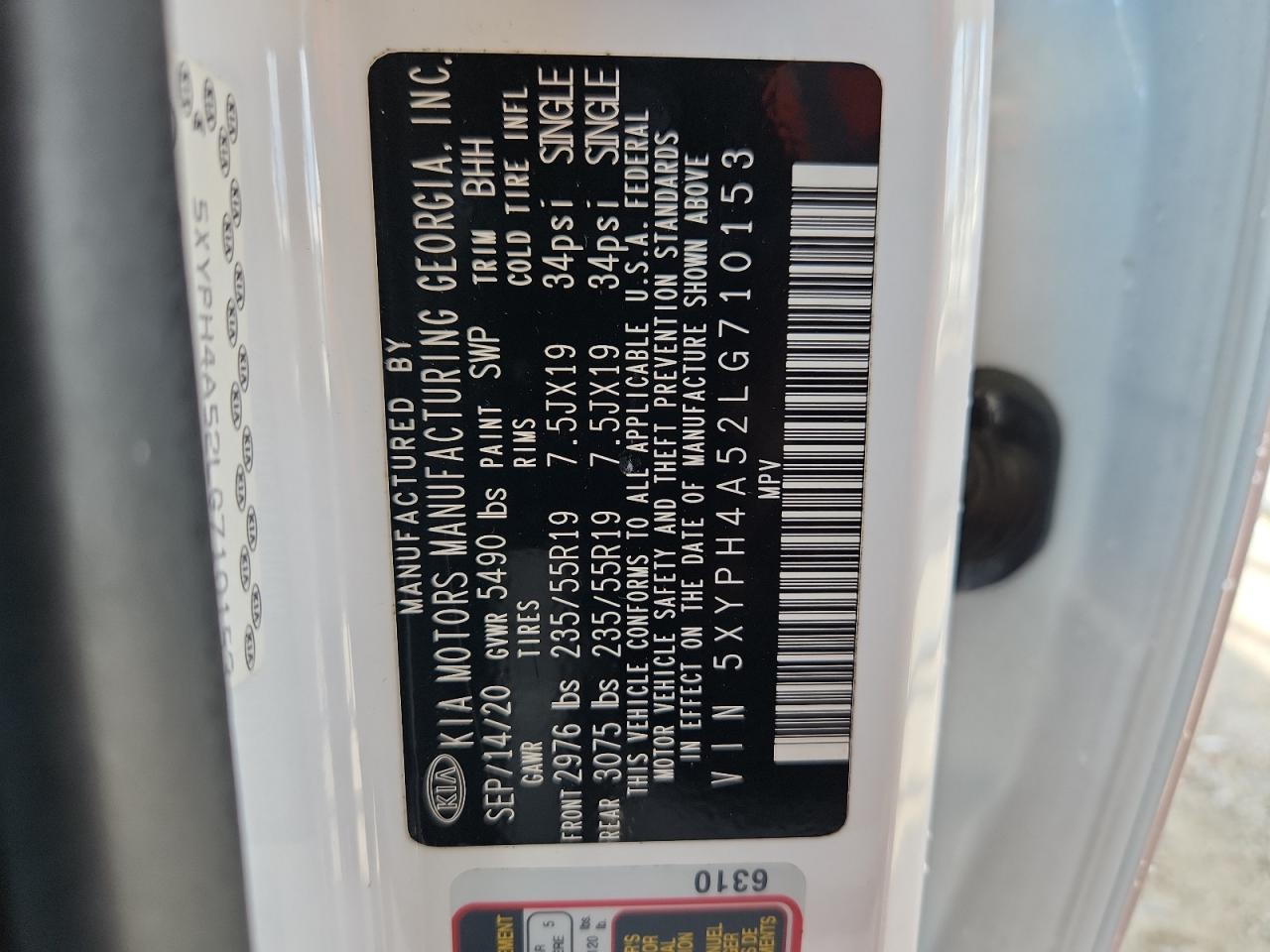 2020 Kia Sorento Ex VIN: 5XYPH4A52LG710153 Lot: 62823885