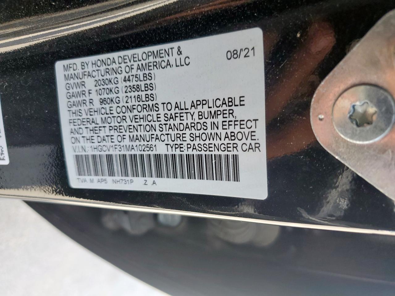 2021 Honda Accord Sport VIN: 1HGCV1F31MA102561 Lot: 62835745