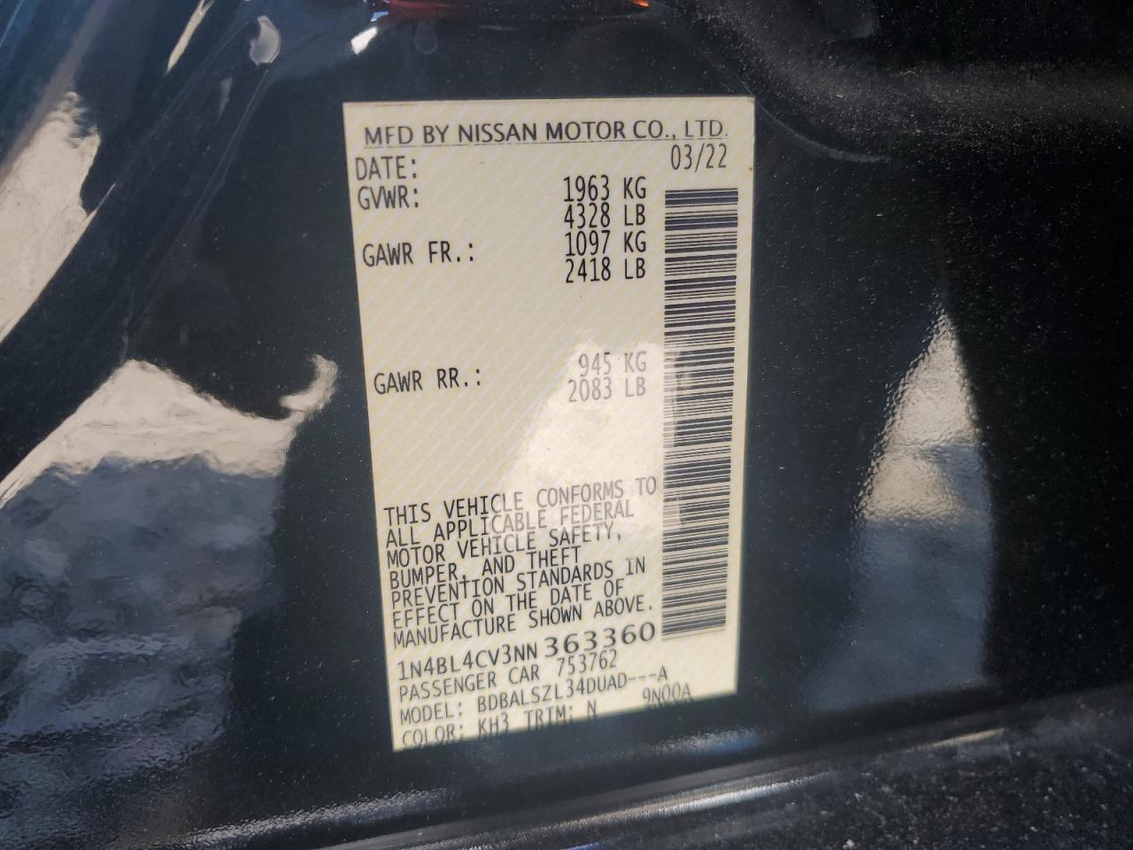 NISSAN ALTIMA 2022 VIN 1N4BL4CV3NN363360 фото 13
