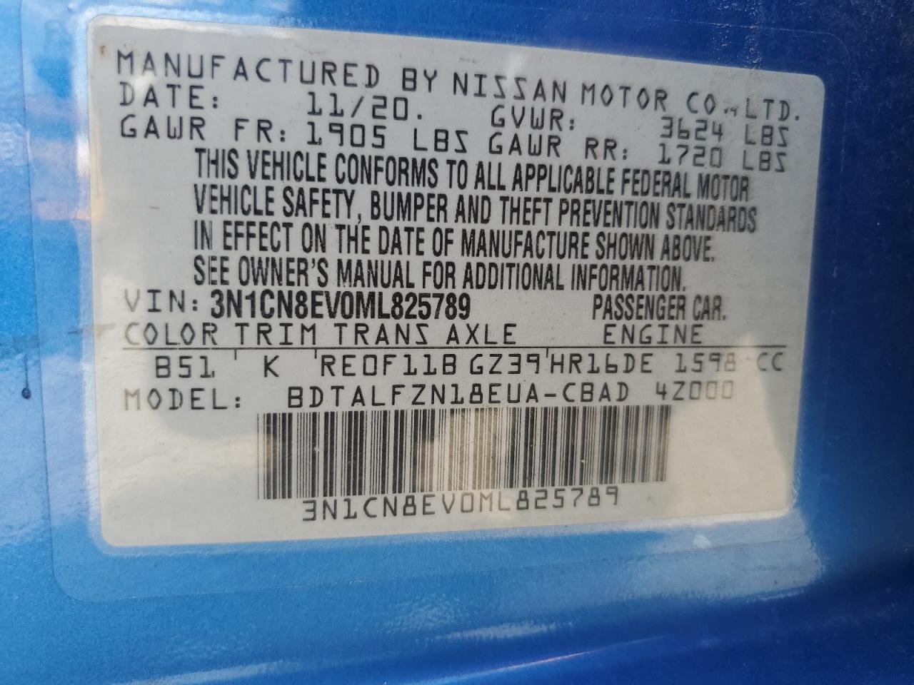 2021 Nissan Versa Sv VIN: 3N1CN8EV0ML825789 Lot: 61790915