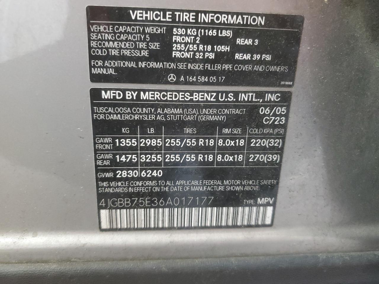 2006 Mercedes-Benz Ml 500 VIN: 4JGBB75E36A017177 Lot: 62422195