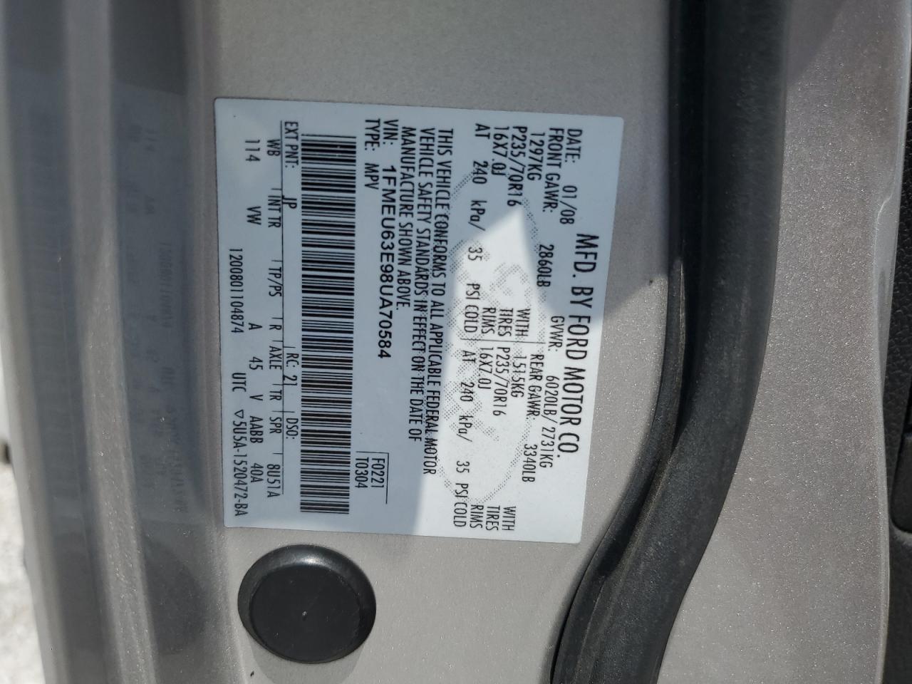2008 Ford Explorer Xlt VIN: 1FMEU63E98UA70584 Lot: 62201815