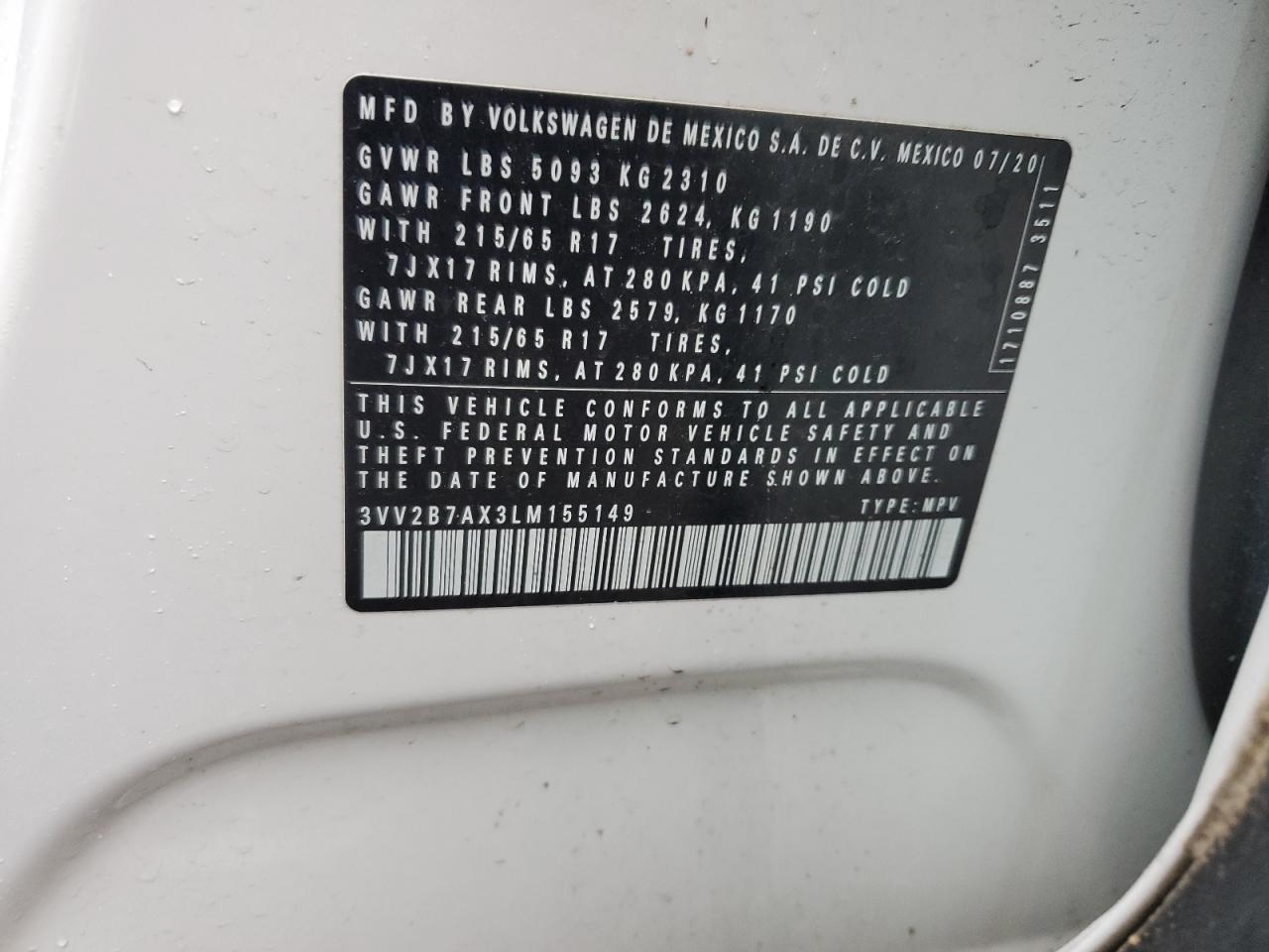 2020 Volkswagen Tiguan Se VIN: 3VV2B7AX3LM155149 Lot: 58544425