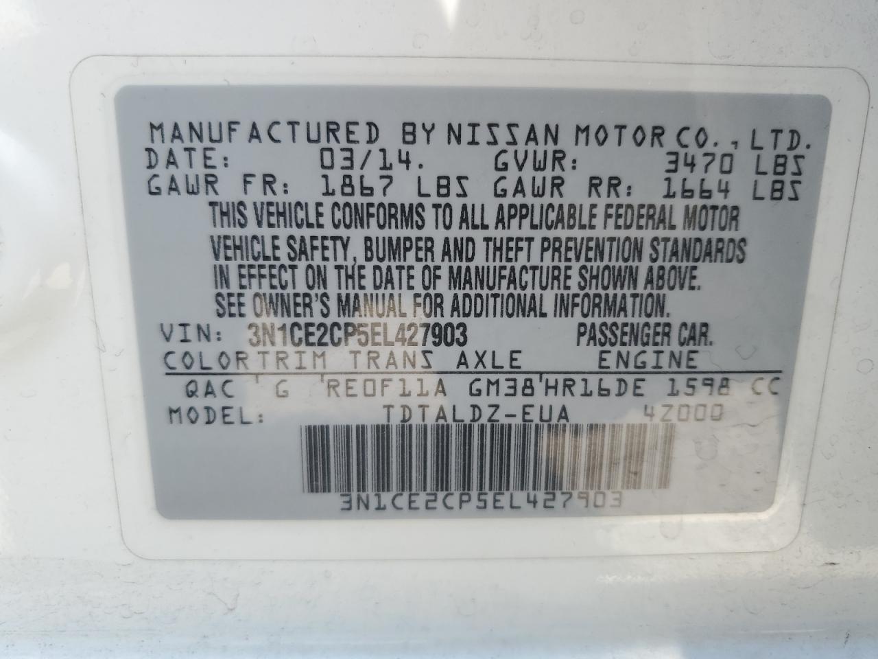 2014 Nissan Versa Note S VIN: 3N1CE2CP5EL427903 Lot: 63057405