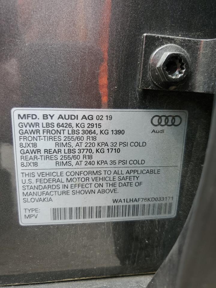2019 Audi Q7 Premium Plus VIN: WA1LHAF76KD033171 Lot: 61132515