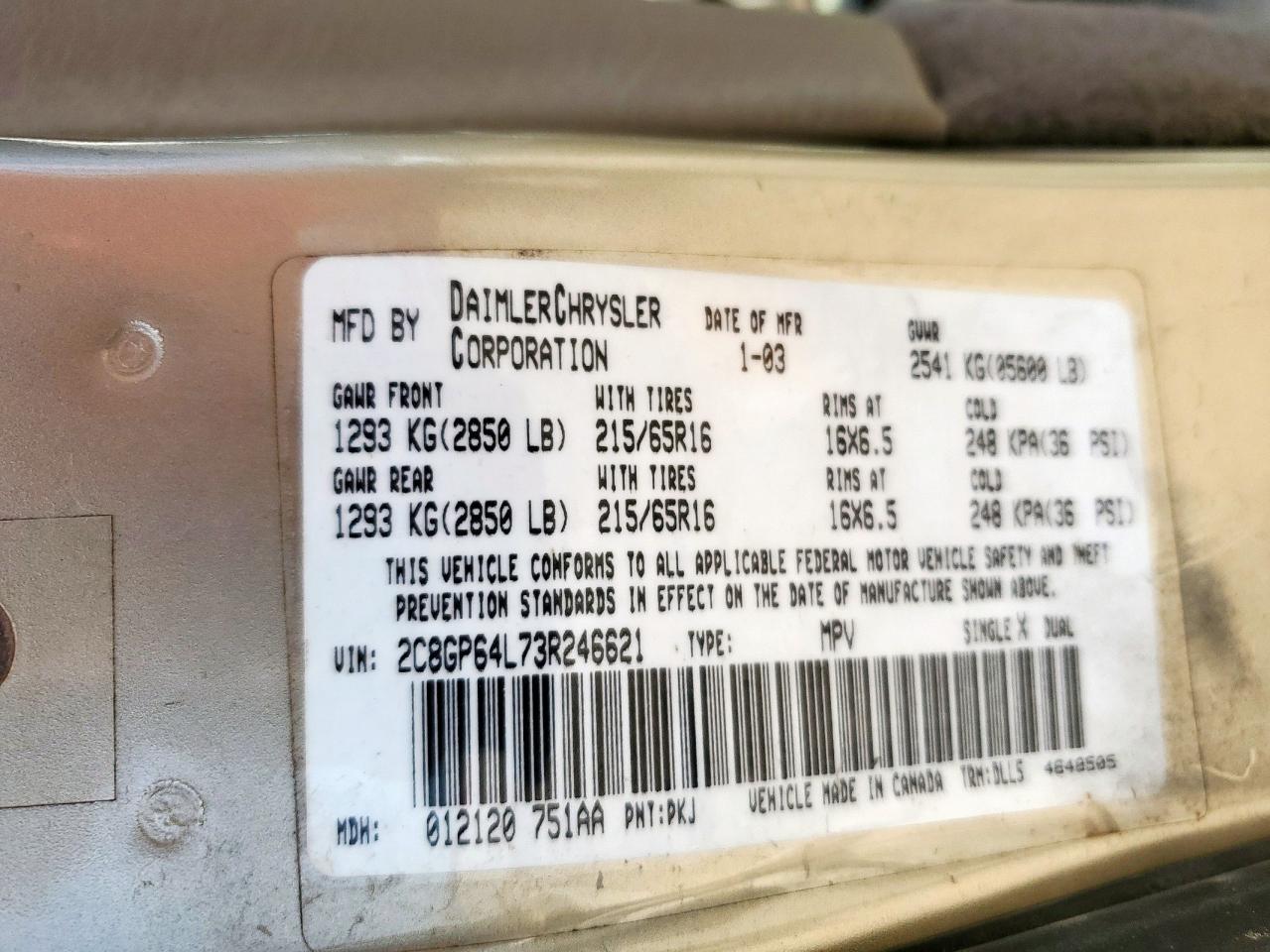2003 Chrysler Town & Country Limited VIN: 2C8GP64L73R246621 Lot: 59809965