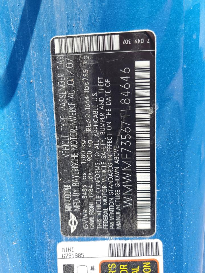 2007 Mini Cooper S VIN: WMWMF73567TL89464 Lot: 59597745