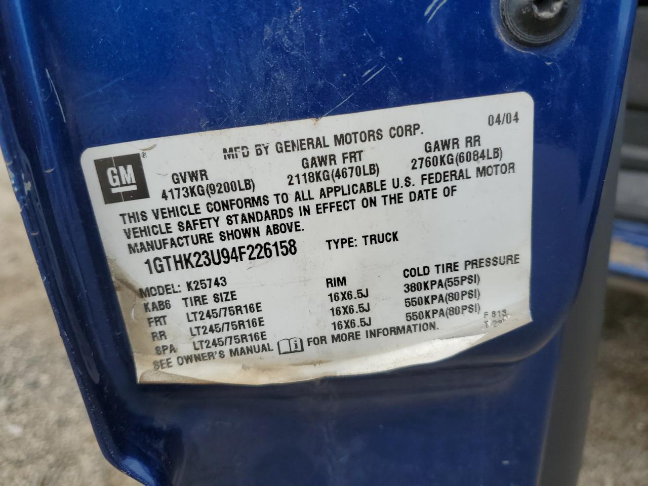 2004 GMC Sierra K2500 Heavy Duty VIN: 1GTHK23U94F226158 Lot: 61895825