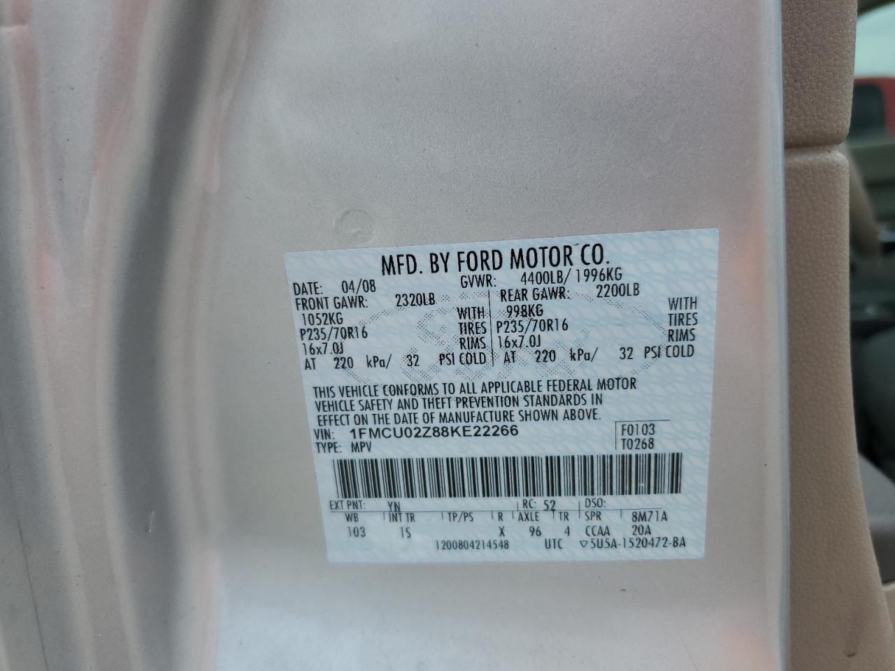 2008 Ford Escape Xls VIN: 1FMCU02Z88KE22266 Lot: 63067385