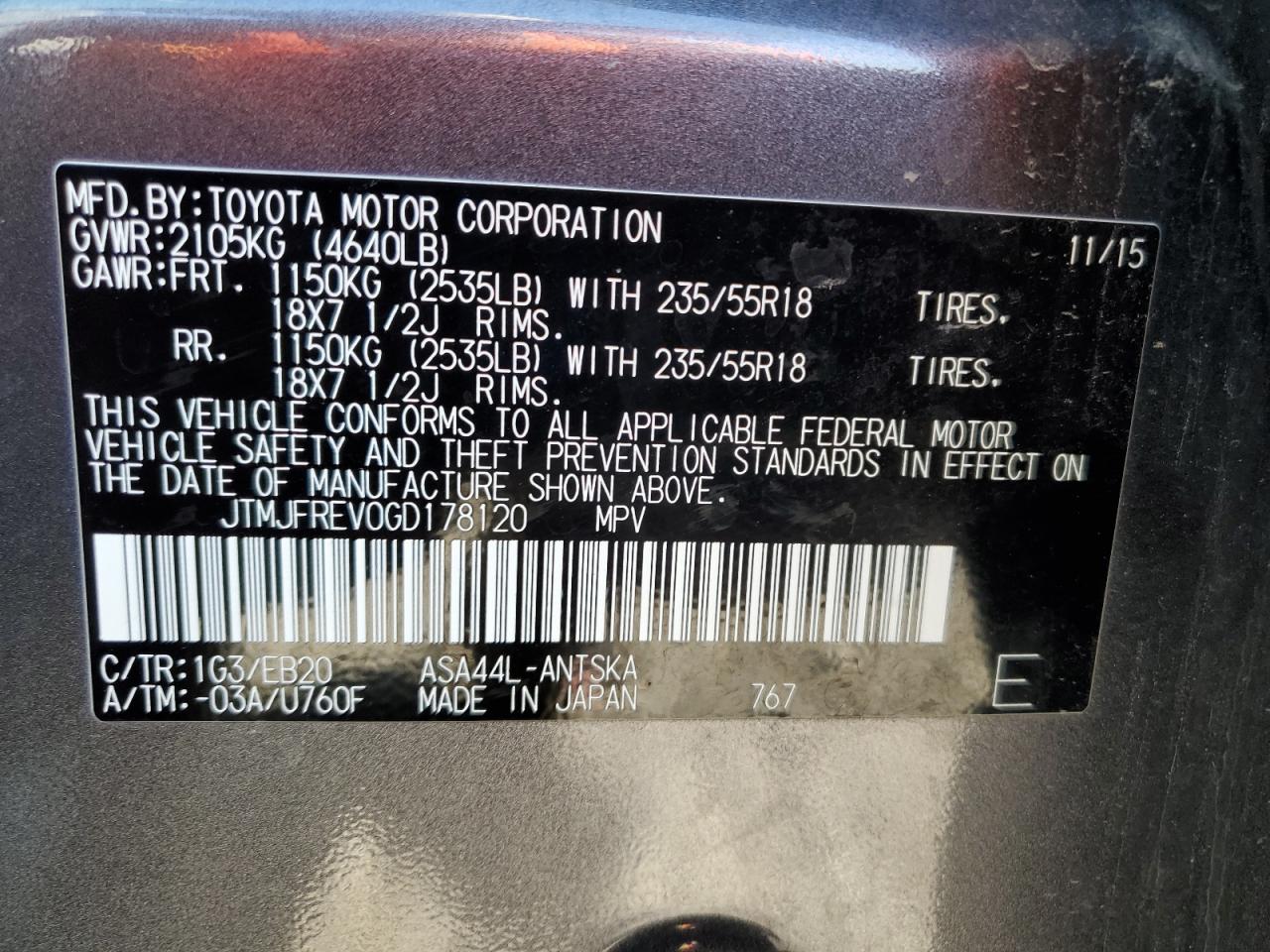 TOYOTA RAV4 2016 VIN JTMJFREV0GD178120 zdjęcie 13