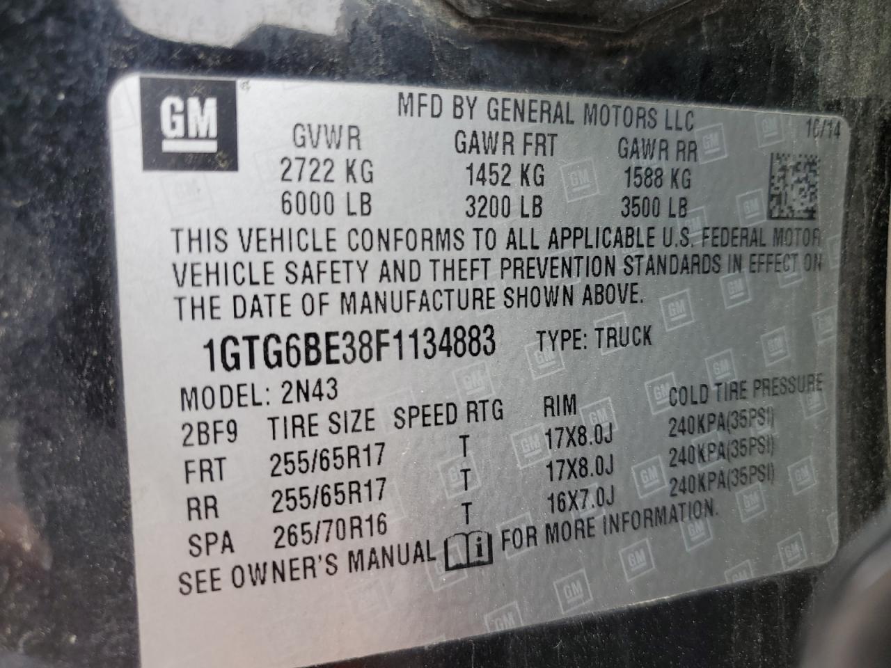 2015 GMC Canyon Sle VIN: 1GTG6BE38F1134883 Lot: 59863485