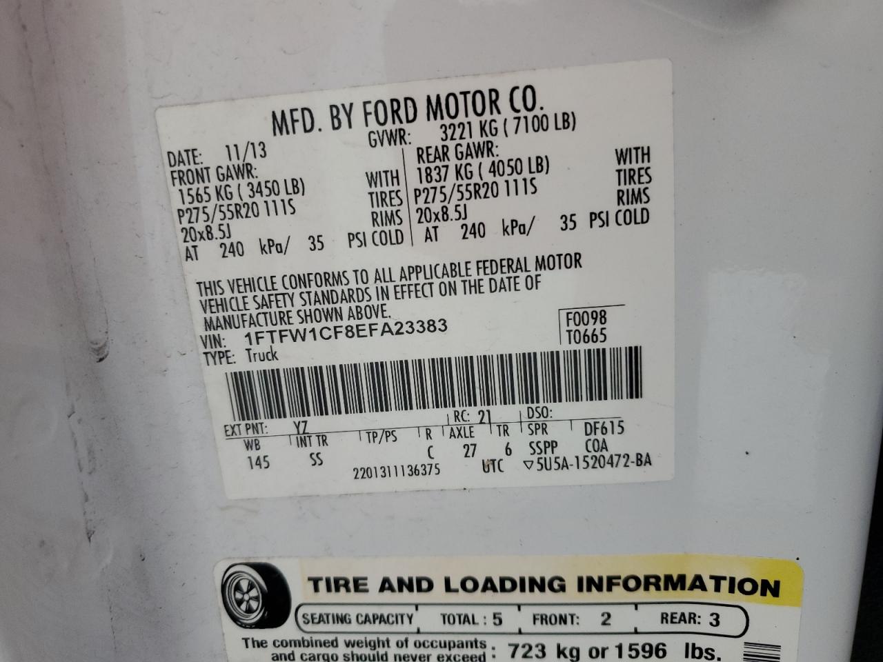 2014 Ford F150 Supercrew VIN: 1FTFW1CF8EFA23383 Lot: 61404625