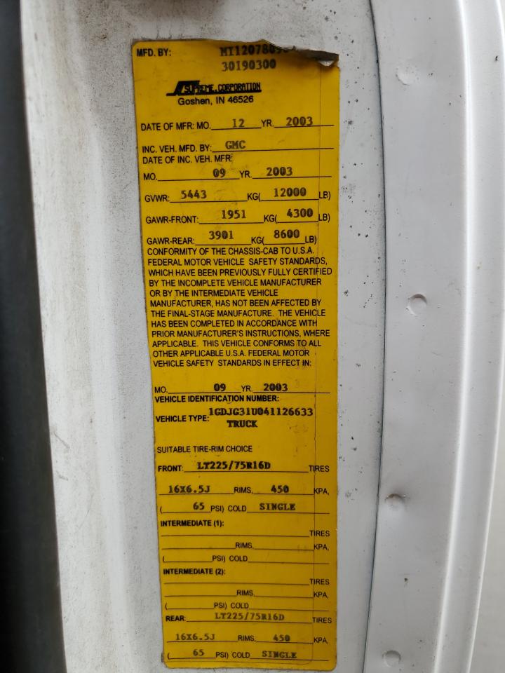 2004 GMC Savana Cutaway G3500 VIN: 1GDJG31U041126633 Lot: 62092365