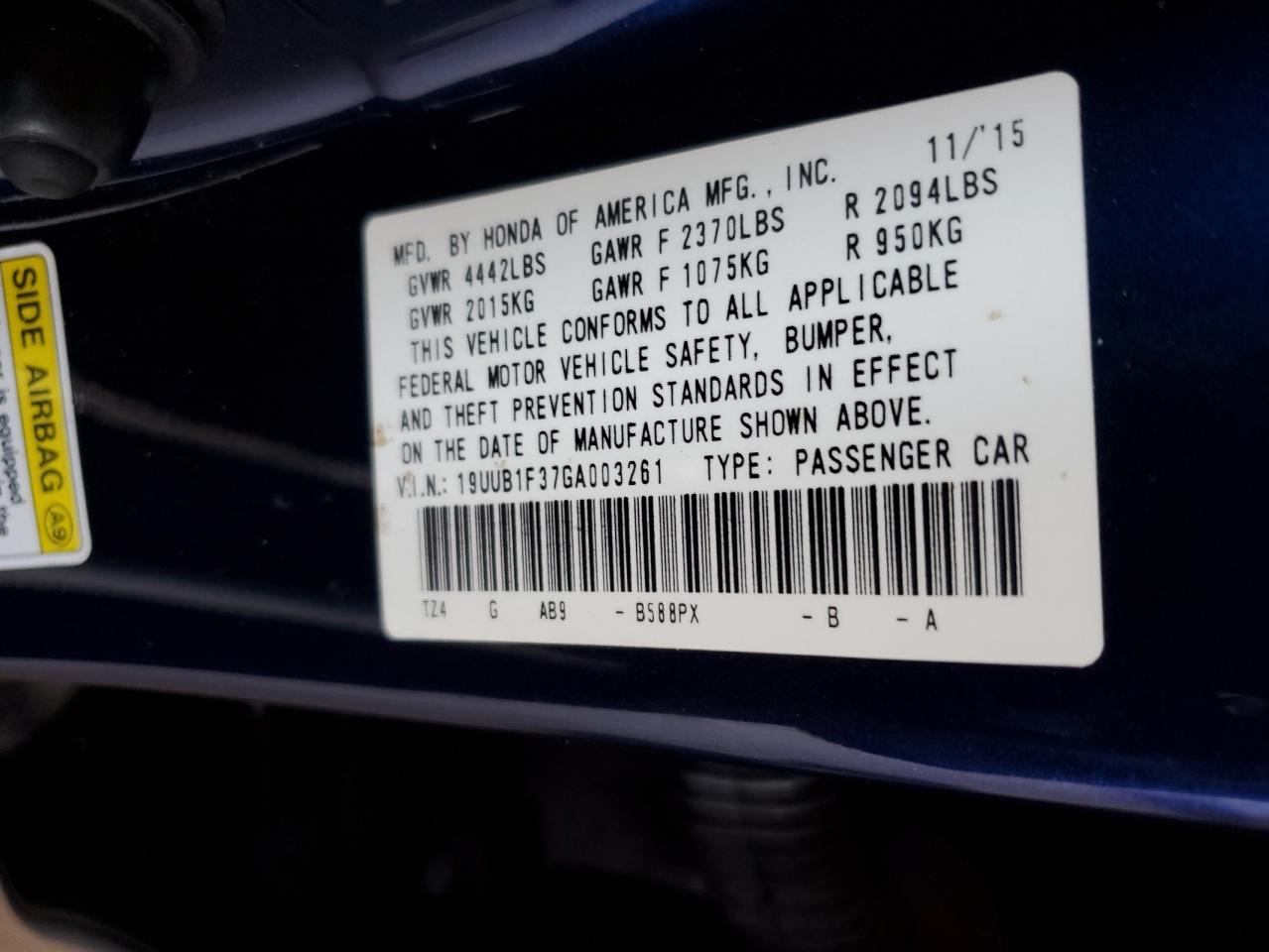 2016 Acura Tlx VIN: 19UUB1F37GA003261 Lot: 63243785