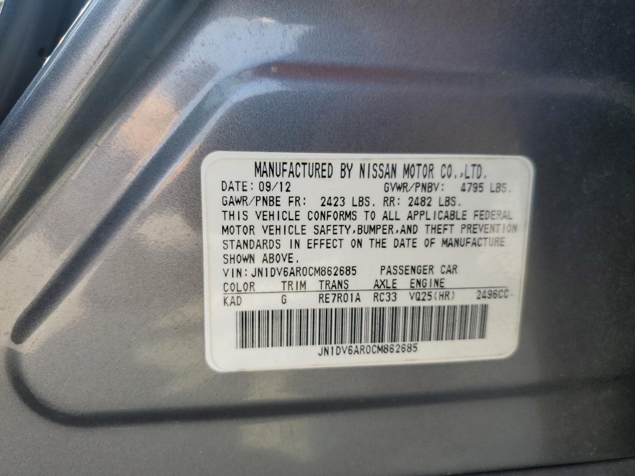 2012 Infiniti G25 VIN: JN1DV6AR0CM862685 Lot: 62259195