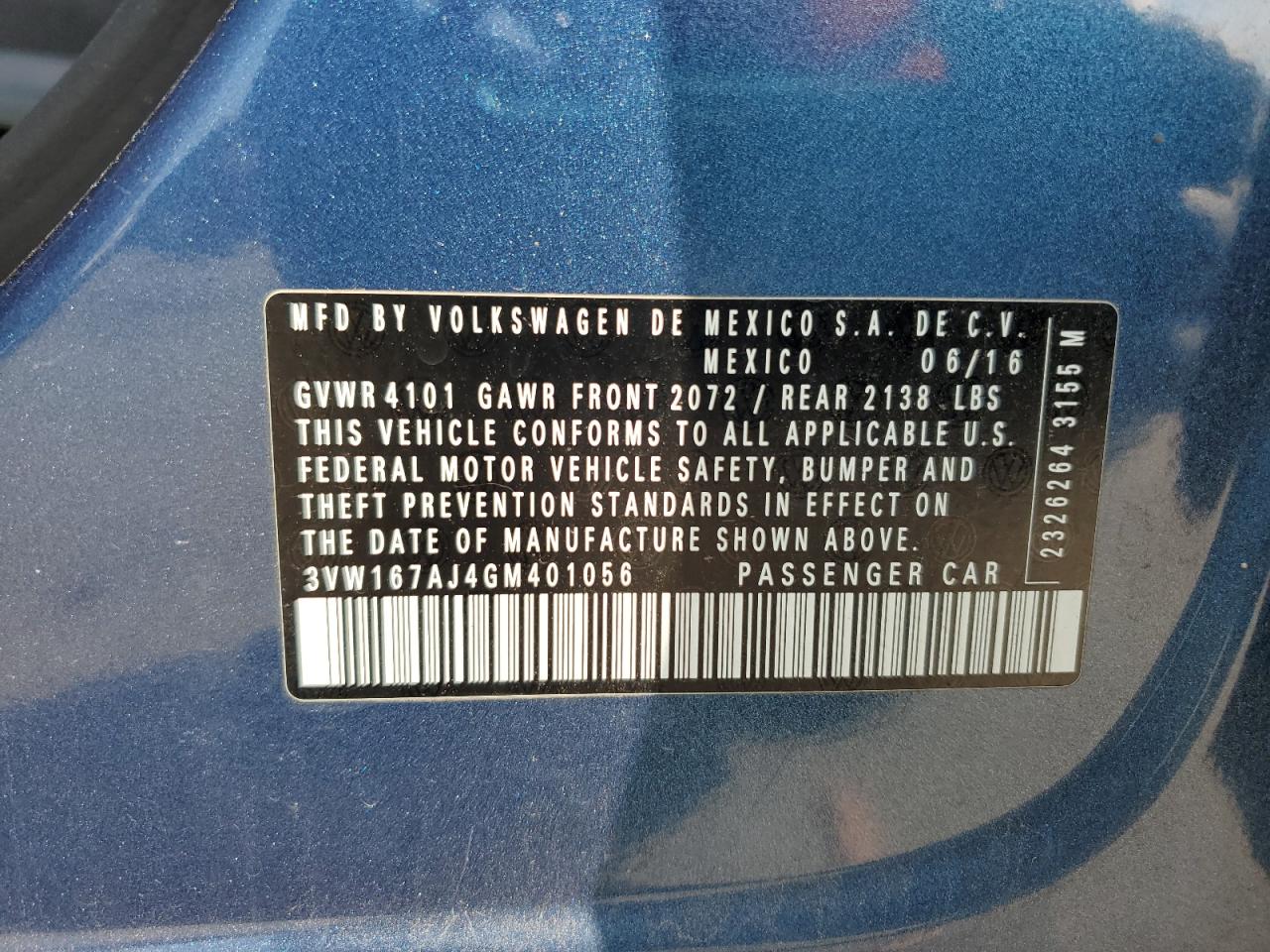 2016 Volkswagen Jetta S VIN: 3VW167AJ4GM401056 Lot: 70007735