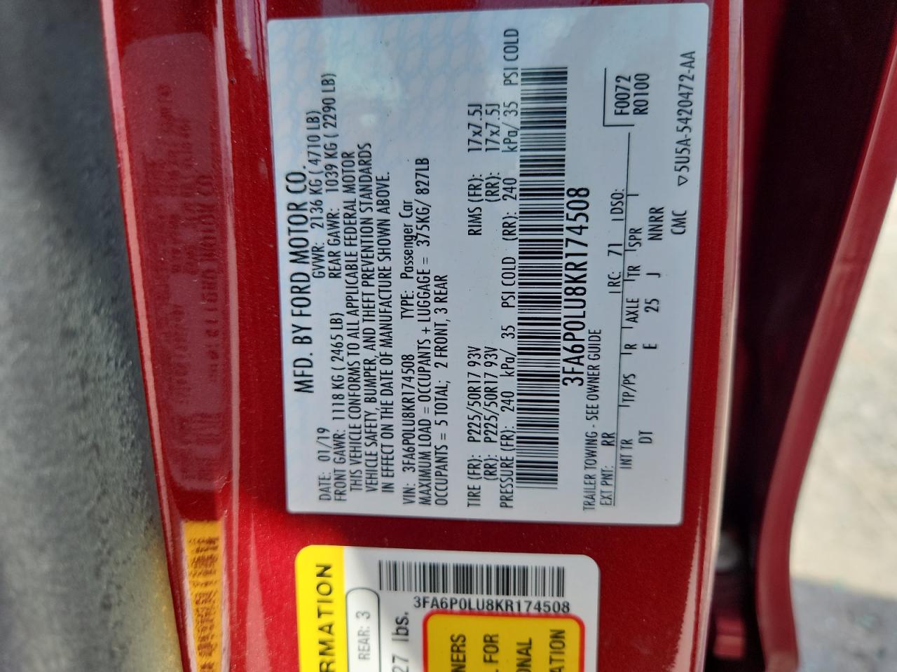 2019 Ford Fusion Se VIN: 3FA6P0LU8KR174508 Lot: 62689815