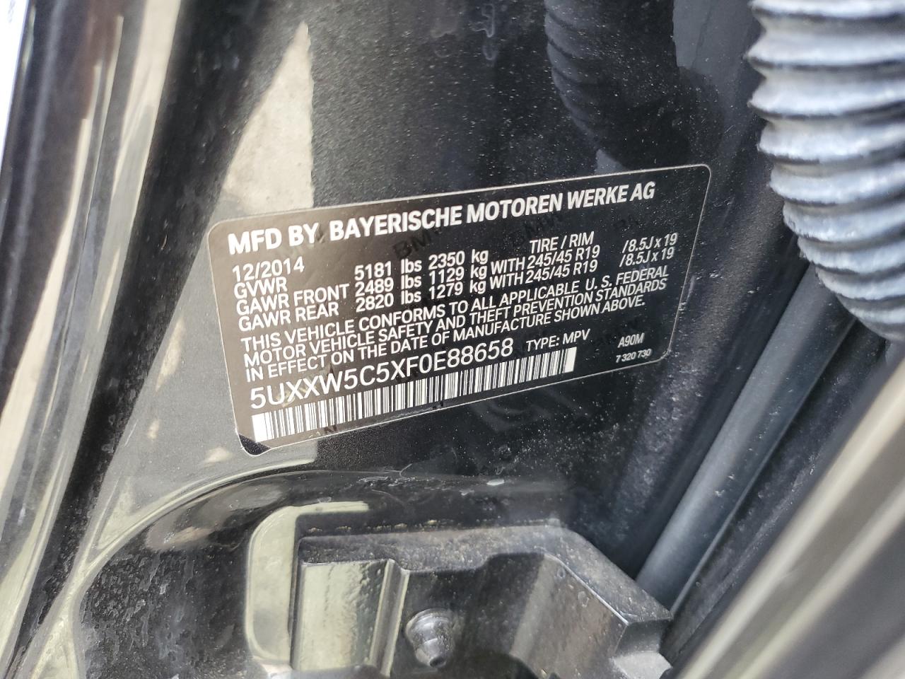 2015 BMW X4 xDrive35I VIN: 5UXXW5C5XF0E88658 Lot: 60137865