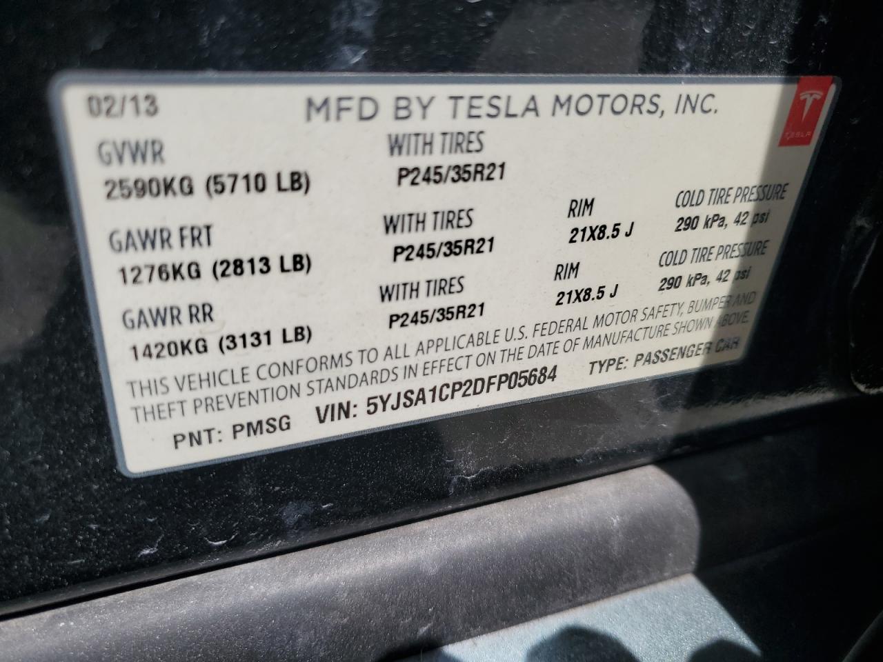 2013 Tesla Model S VIN: 5YJSA1CP2DFP05684 Lot: 62529035