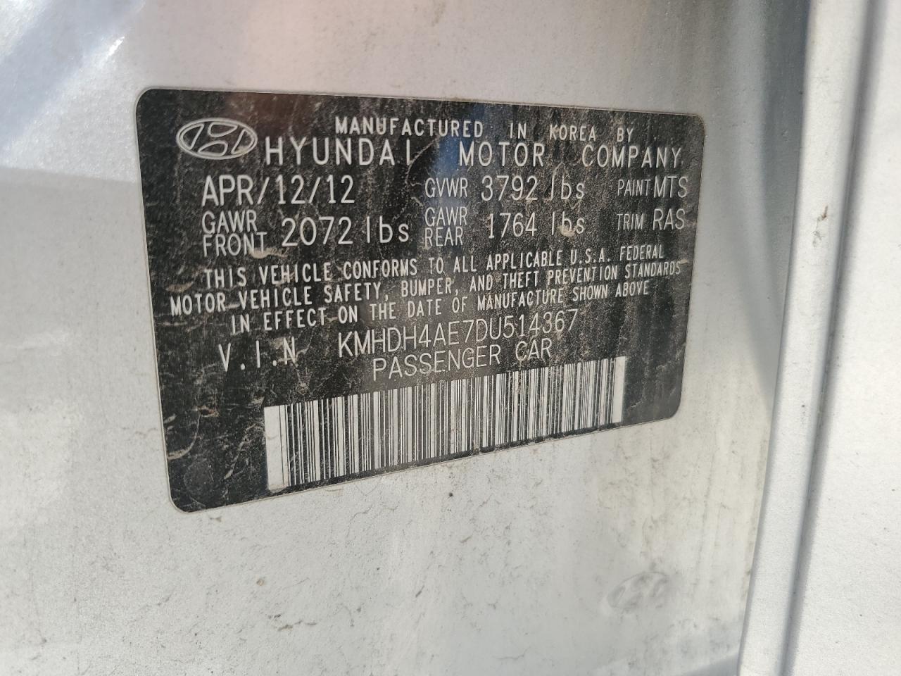 2013 Hyundai Elantra Gls VIN: KMHDH4AE7DU514367 Lot: 61626865