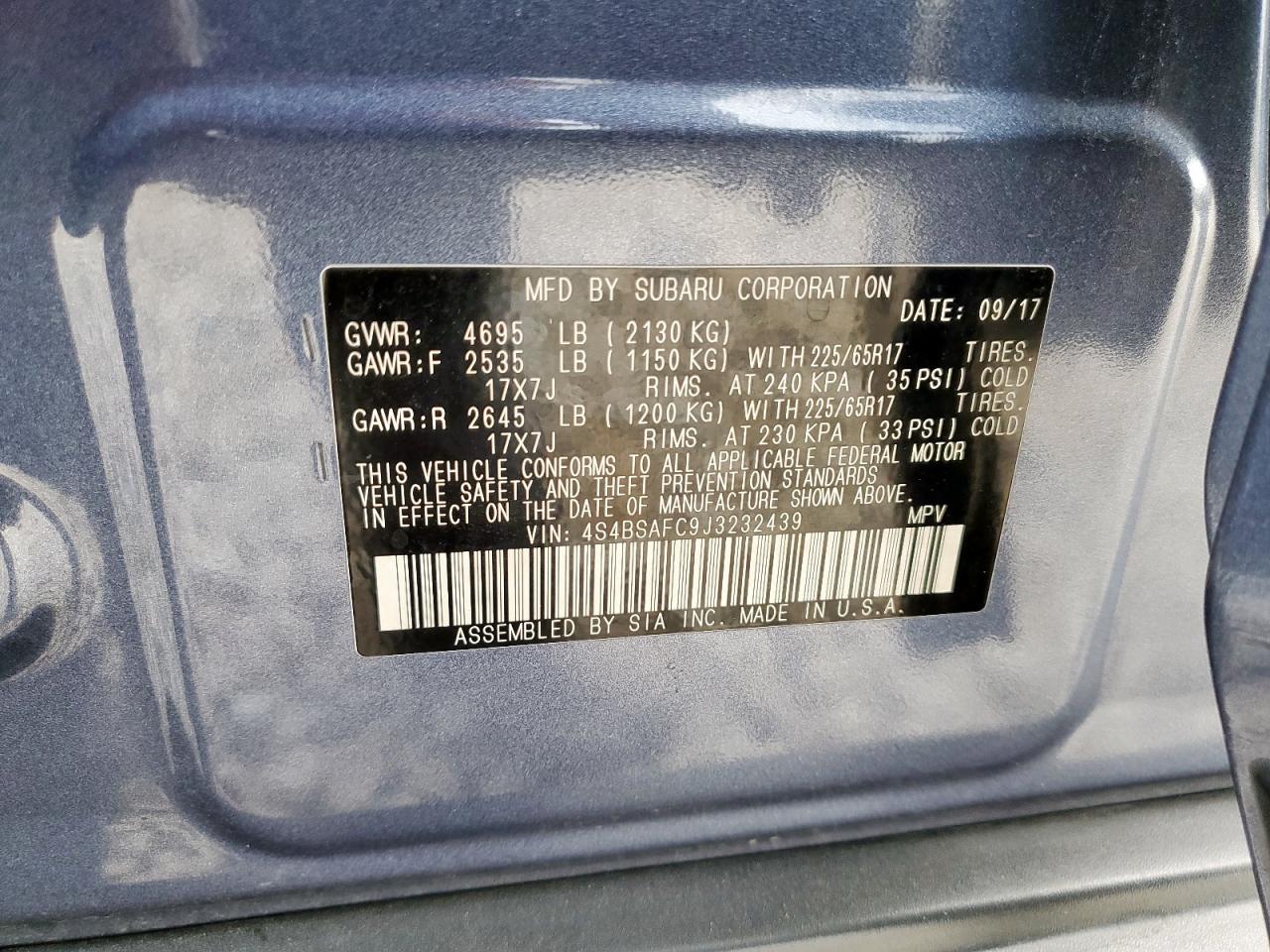 2018 Subaru Outback 2.5I Premium VIN: 4S4BSAFC9J3232439 Lot: 62261025