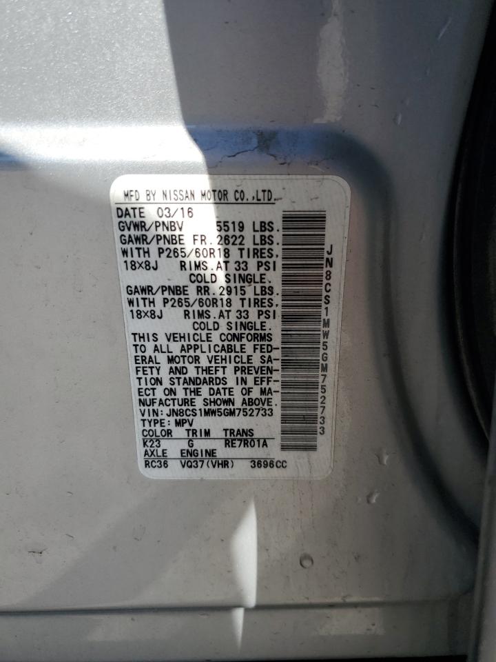 2016 Infiniti Qx70 VIN: JN8CS1MW5GM752733 Lot: 60749225