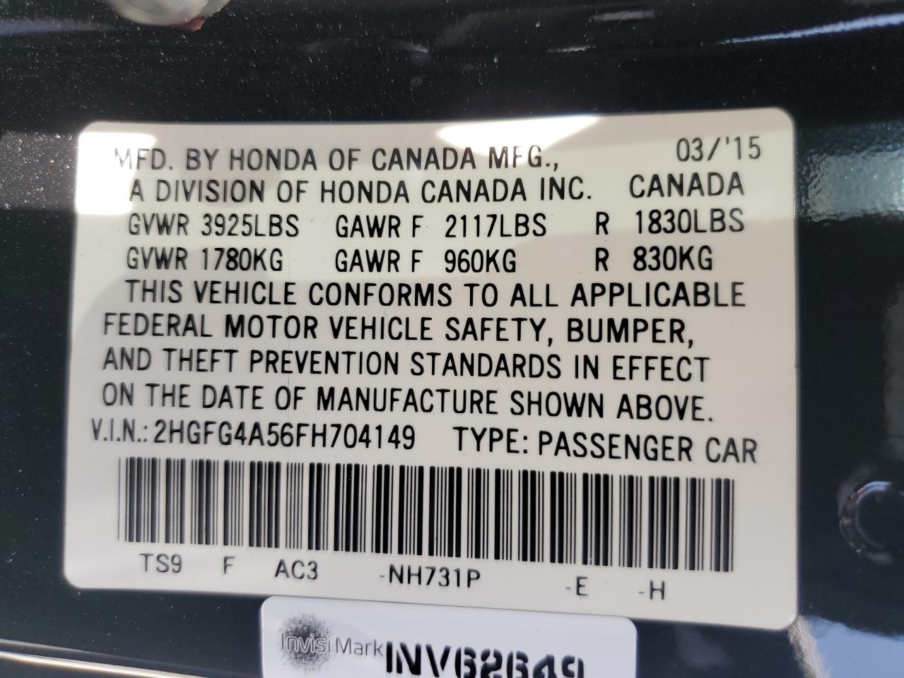 2015 Honda Civic Si VIN: 2HGFG4A56FH704149 Lot: 61259895