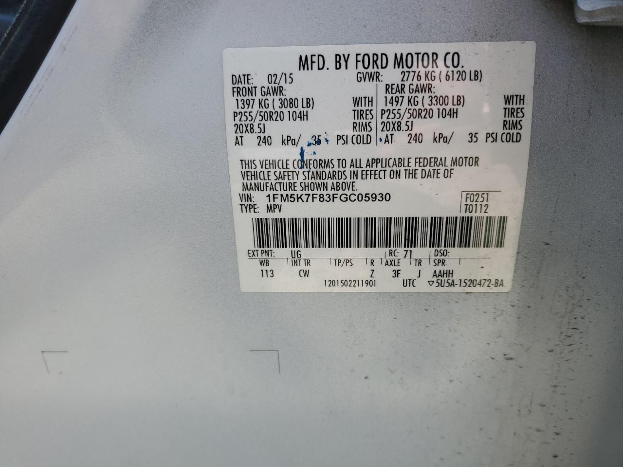 2015 Ford Explorer Limited VIN: 1FM5K7F83FGC05930 Lot: 60173825