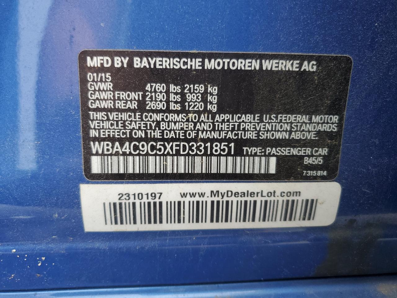 2015 BMW 428 Xi Gran Coupe Sulev VIN: WBA4C9C5XFD331851 Lot: 62360265