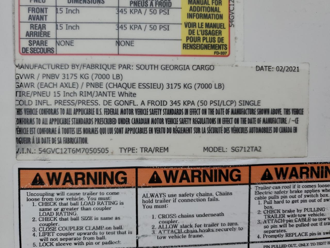 VIN: 54GVC12T6M7050505 2021 ENCL TRAILER