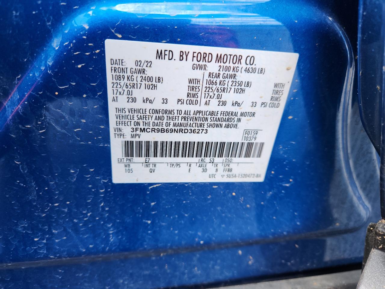 2022 Ford Bronco Sport Big Bend VIN: 3FMCR9B69NRD36273 Lot: 61757165